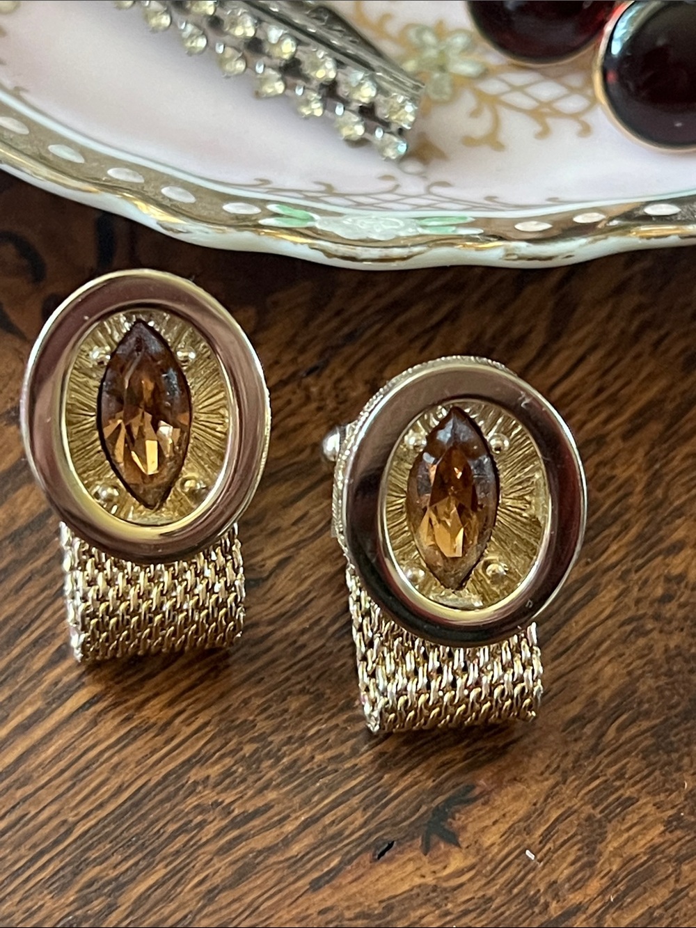 Vintage SWANK Gold-tone Mesh Crystal Cufflinks
